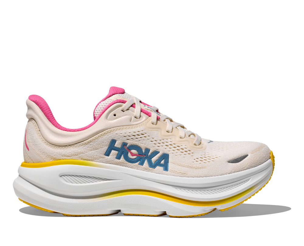 HOKA Bondi 9 women's running shoe in alabaster beige with pink and yellow details