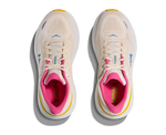 HOKA women's running shoes in alabaster beige with pink interior lining