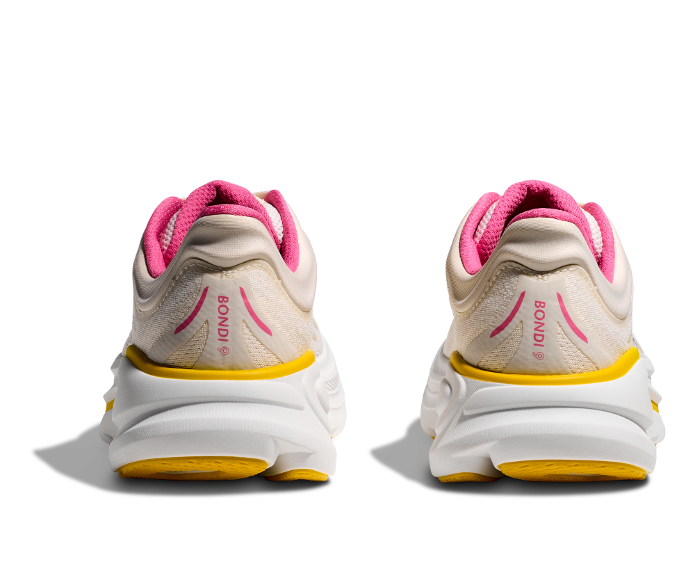 Hoka Bondi 9 women's running shoes in alabaster birch colorway, rear view