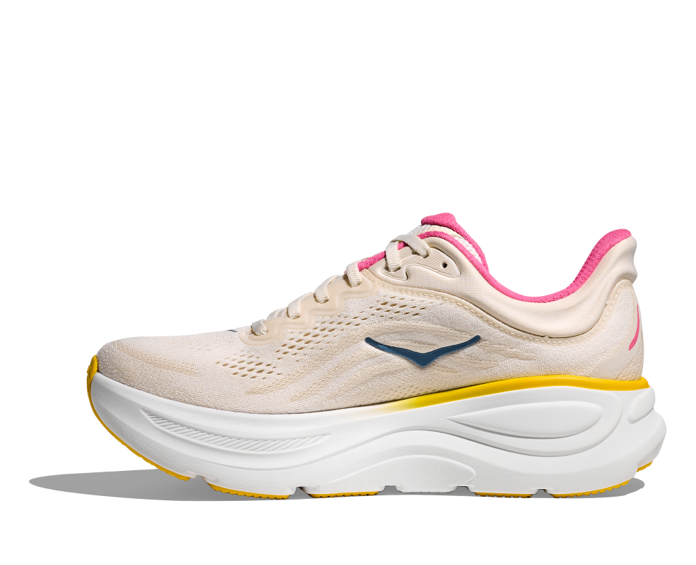 HOKA Bondi 9 women's running shoe in alabaster beige with pink trim