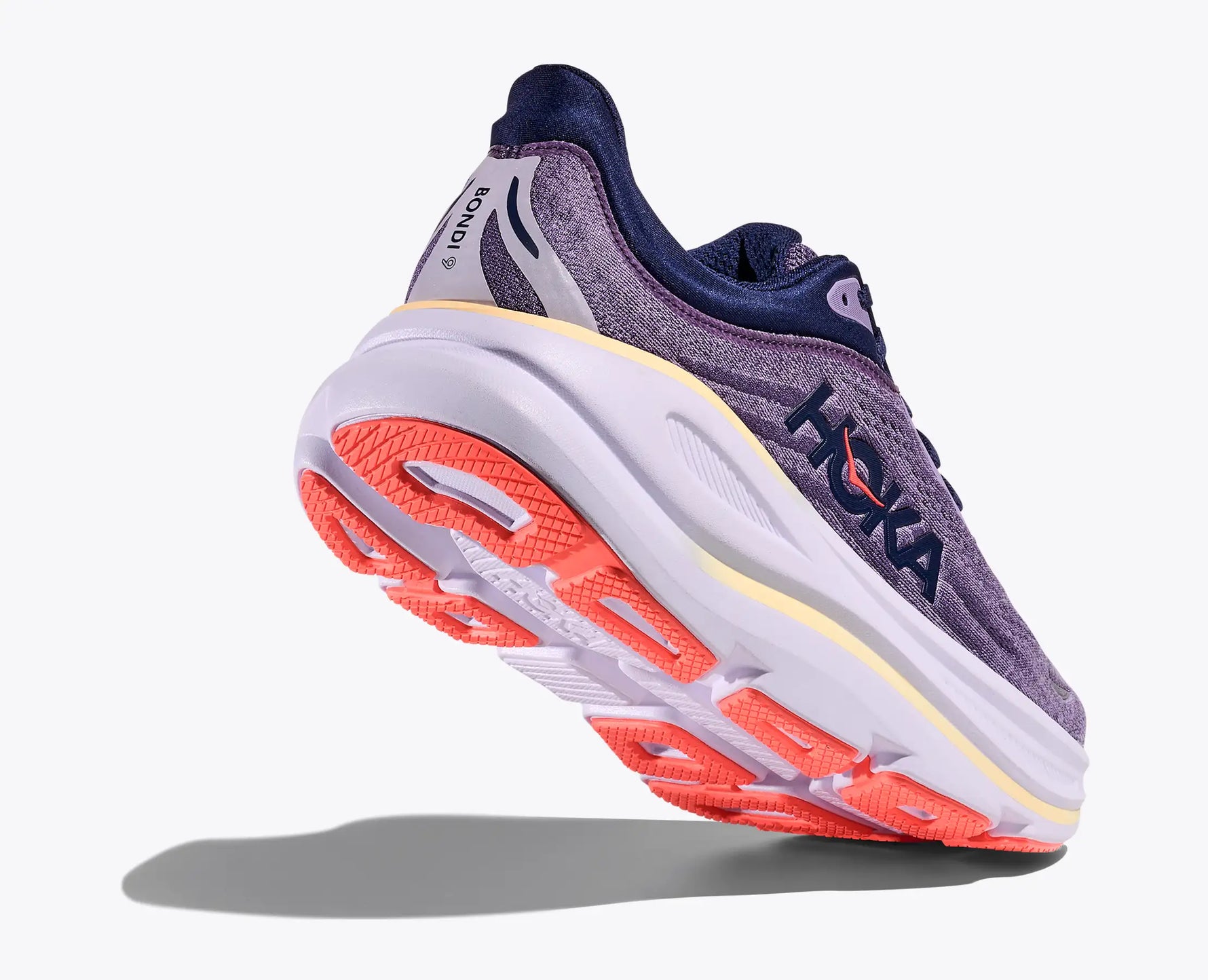 Hoka Bondi 9 women's running shoe in berry purple colorway with coral outsole