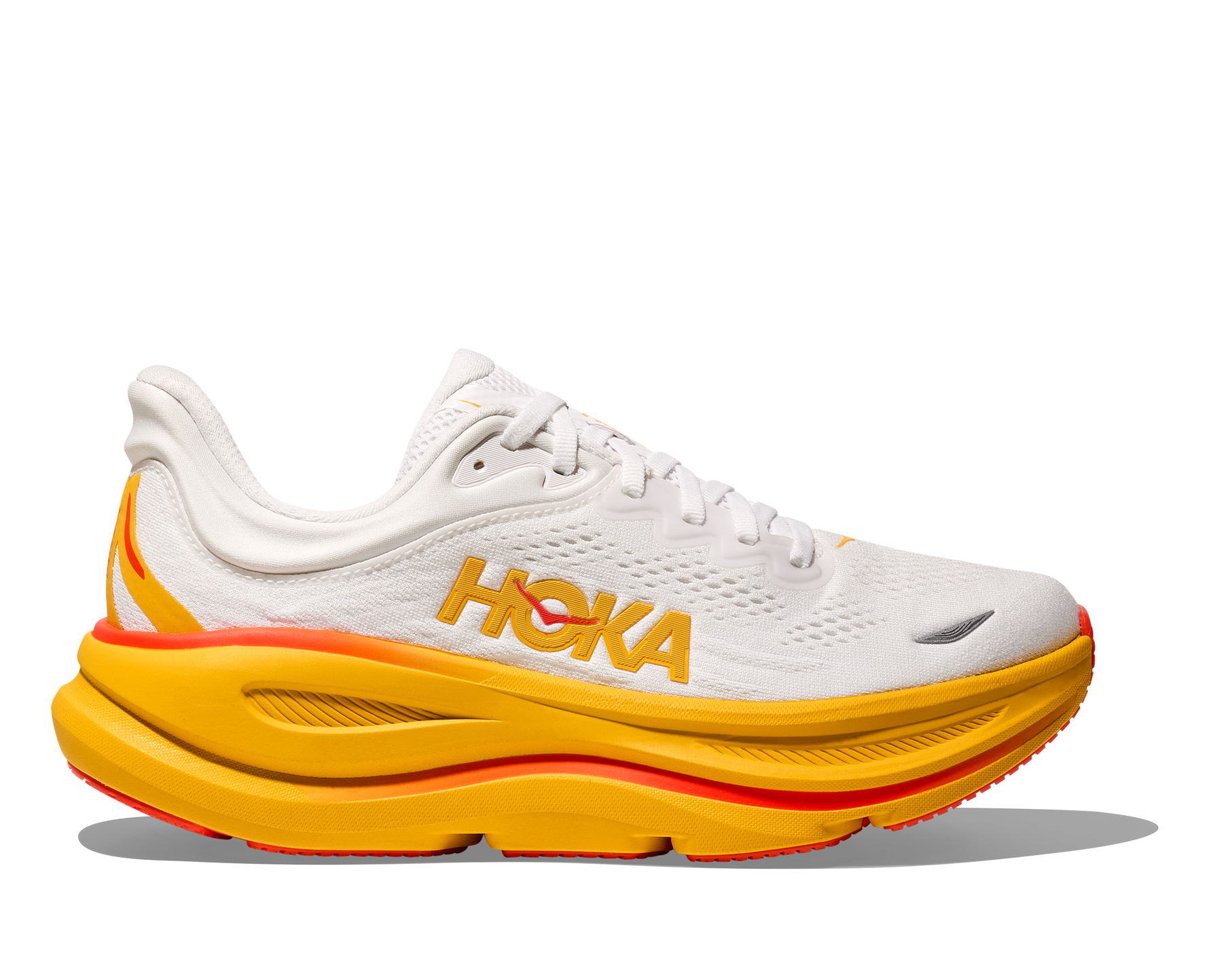 HOKA Bondi 9 running shoe in frost white and sunflower yellow colorway