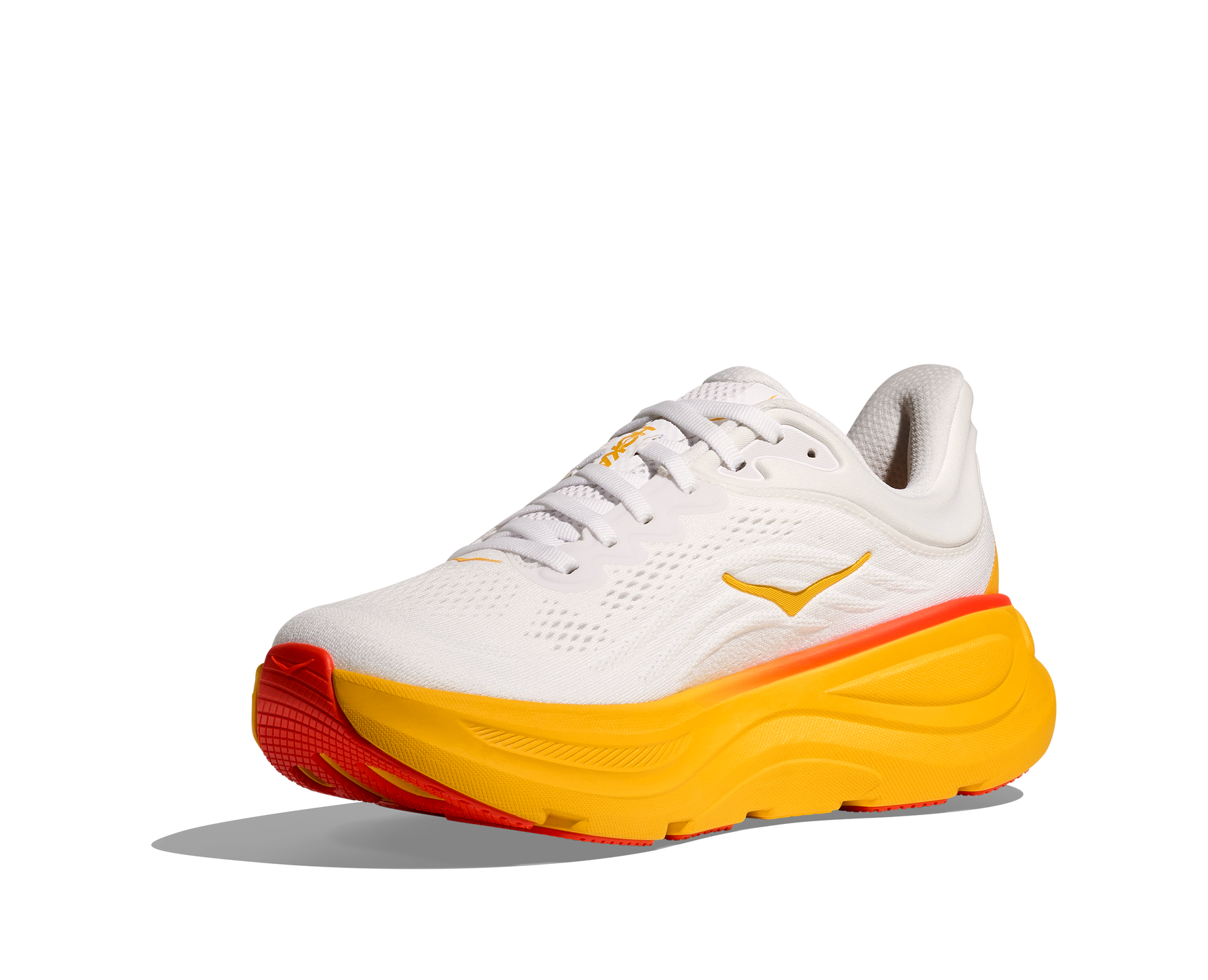 Hoka Bondi 9 women's running shoe in frost white with sunflower yellow midsole