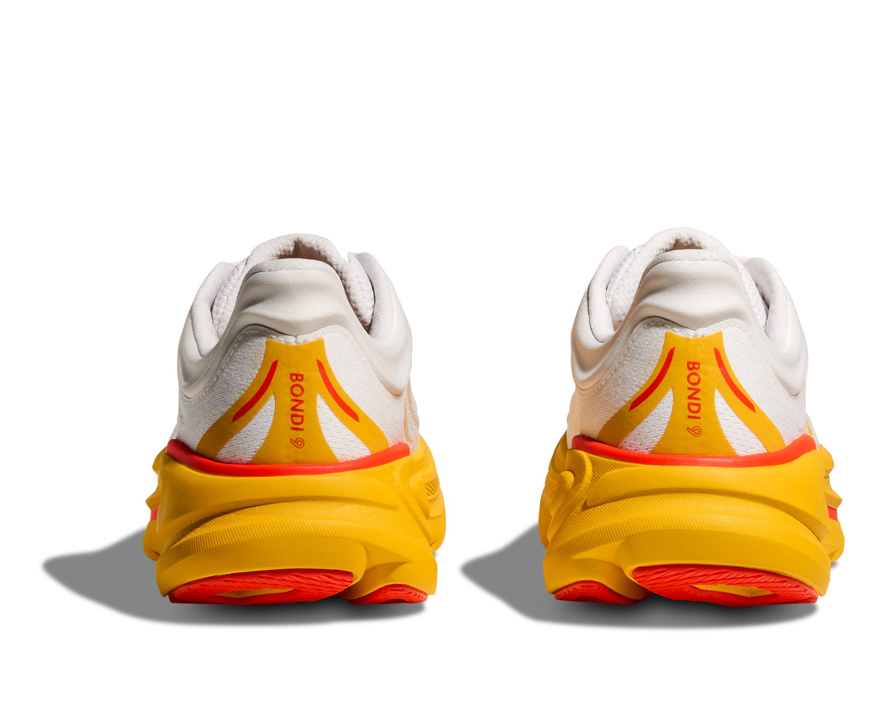 Hoka Bondi 9 running shoes in frost and sunflower colorway, rear view