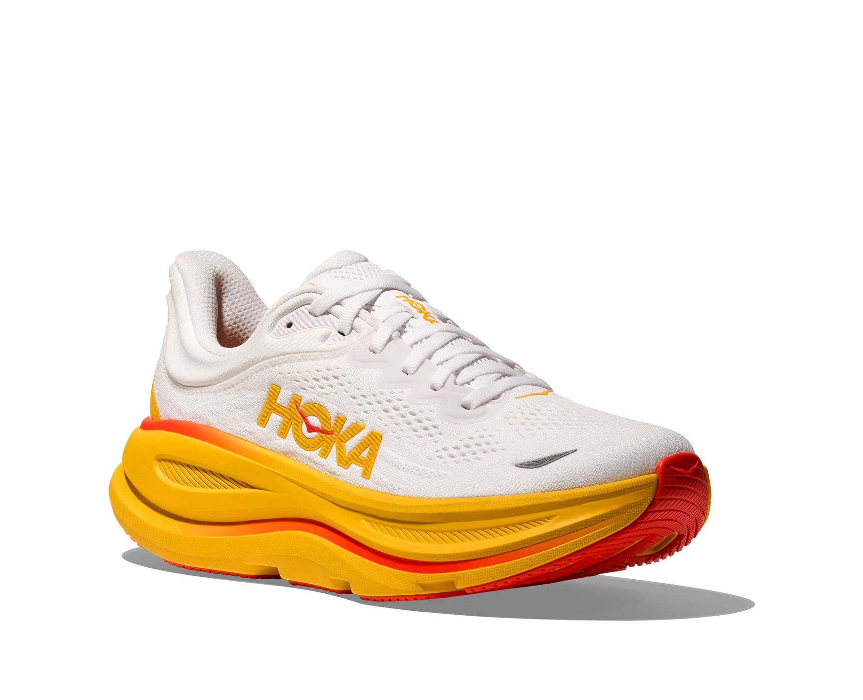 Hoka Bondi 9 women's running shoe in frost white with sunflower yellow midsole