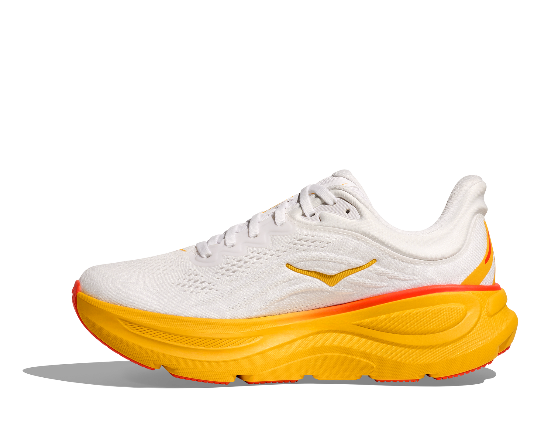 Hoka Bondi 9 women's running shoe in frost white and sunflower yellow colorway