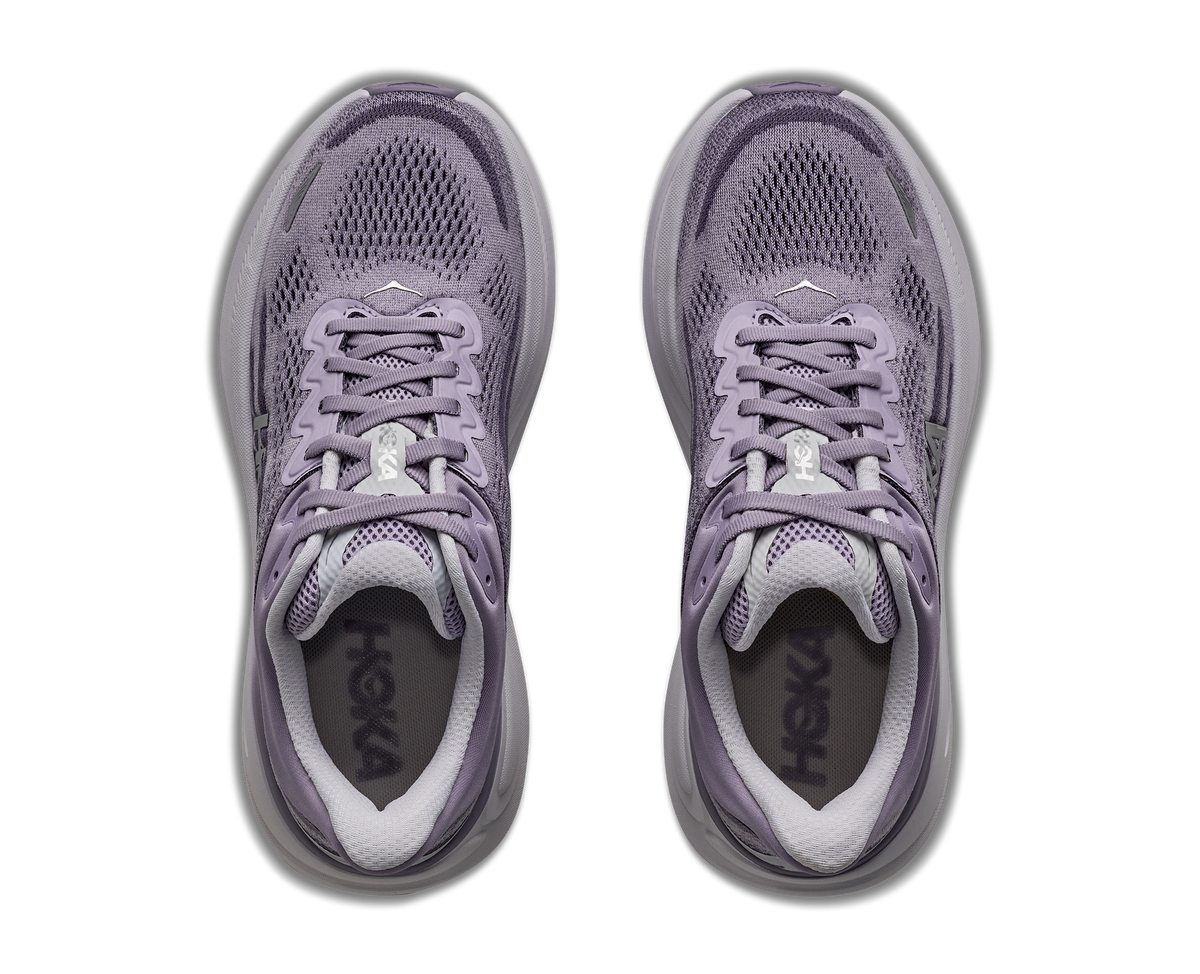 Top-down view of a pair of Hoka Bondi 9 running shoes in lilac purple colorway