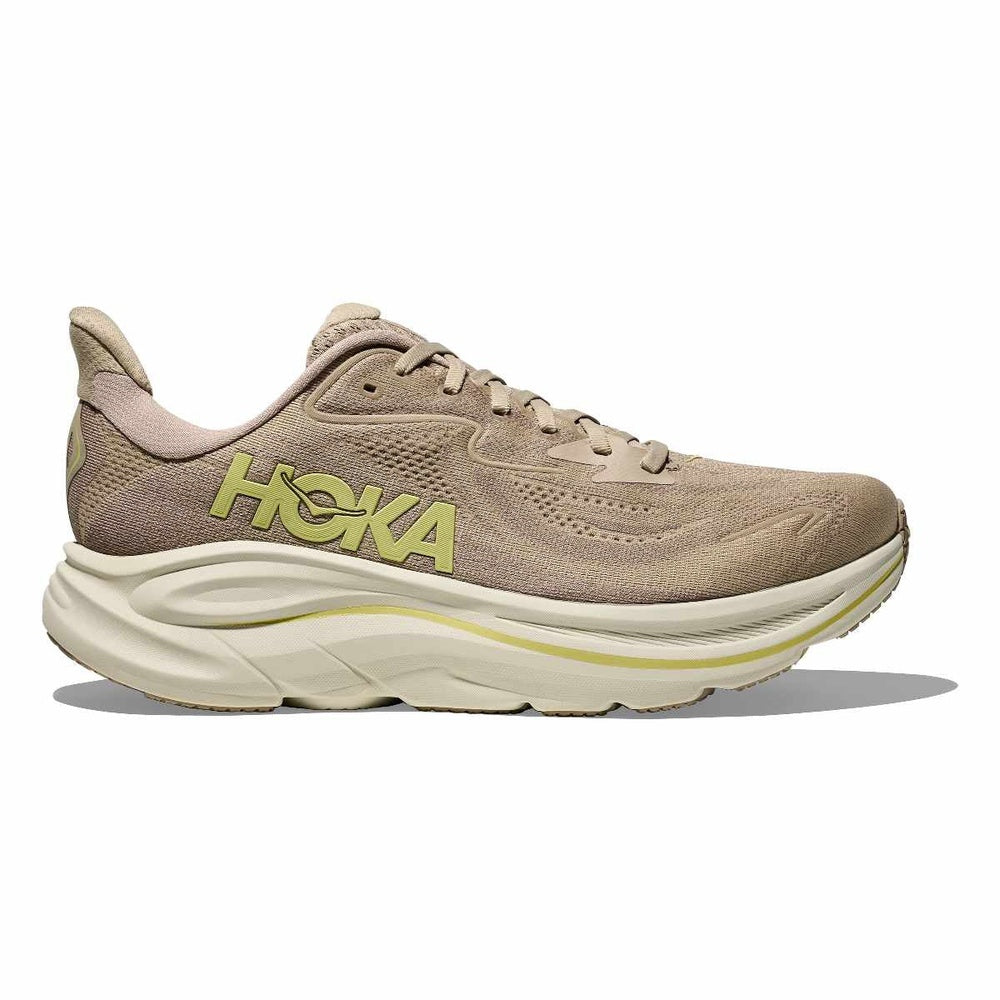 HOKA Clifton 10 men's running shoe in ash grey with neon green branding