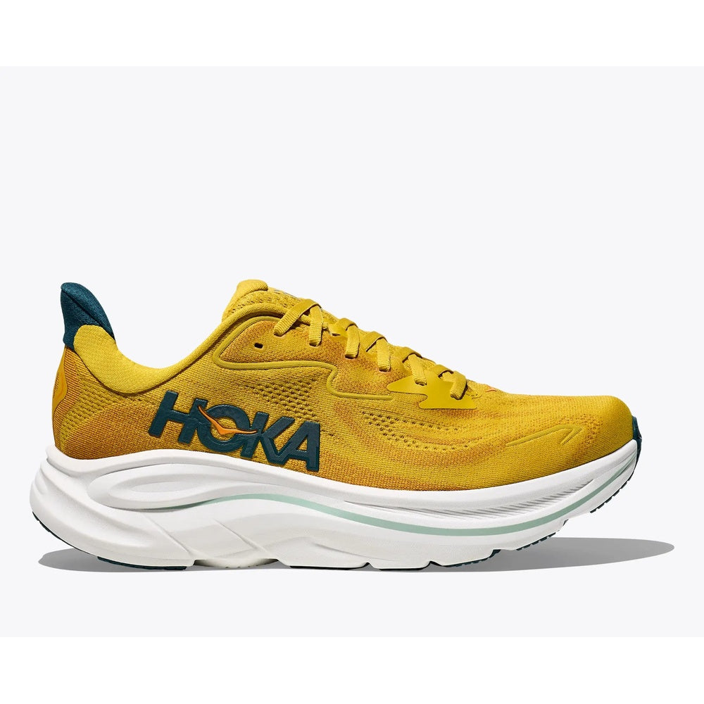 Hoka Clifton 10 men's running shoe in yellow gold with teal accents