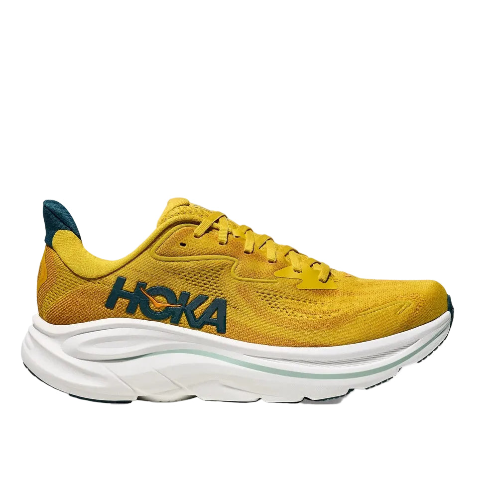 HOKA Clifton 10 men's running shoe in yellow gold with teal wave accents