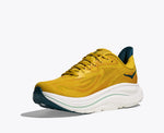 Hoka Clifton 10 men's running shoe in yellow gold with teal wave accents