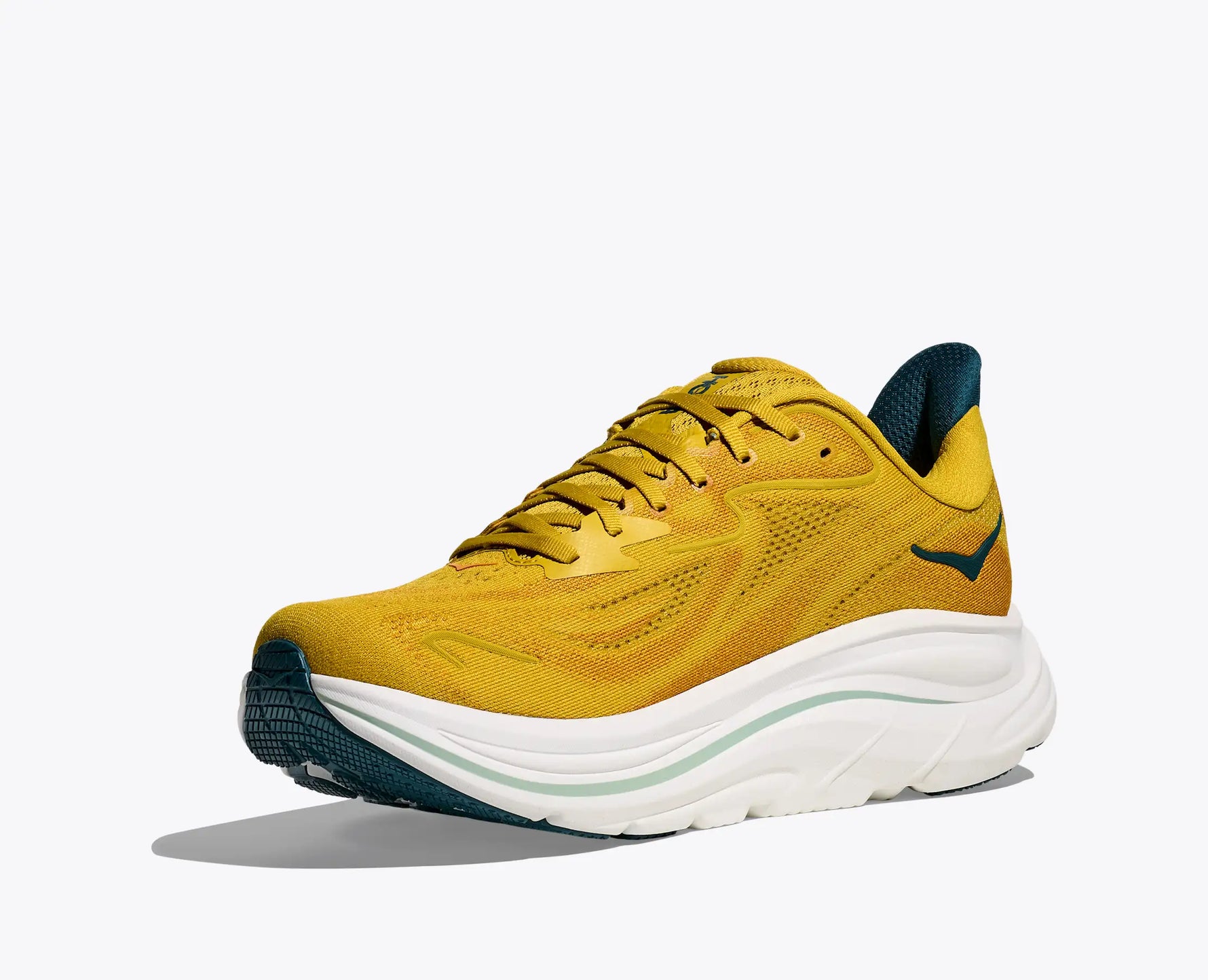 Hoka Clifton 10 men's running shoe in yellow gold with teal wave accents