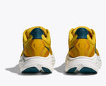 Hoka Clifton 10 men's running shoes in yellow gold and tidal wave colorway, rear view