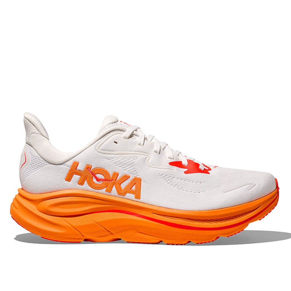 Hoka Clifton 10 women's running shoe in frost gray with orange zest accents
