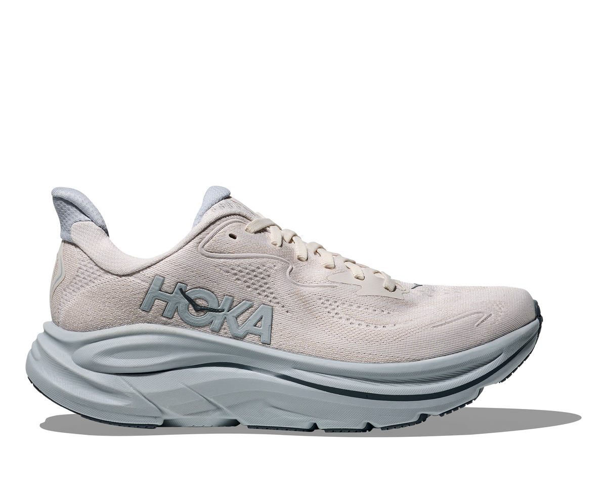 HOKA Clifton 10 women's shoe in Grout Mineral Blue, lateral side view showing full profile