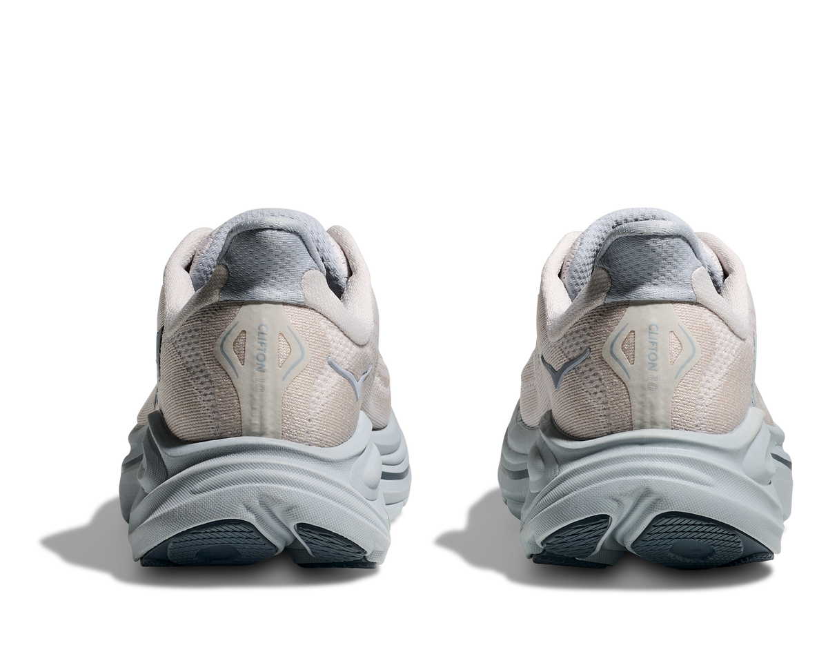 Rear view of pair of HOKA Clifton 10 women's running shoes showing heel construction and midsole
