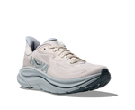 HOKA Clifton 10 women's running shoe in Grout Mineral Blue colorway, three-quarter front view