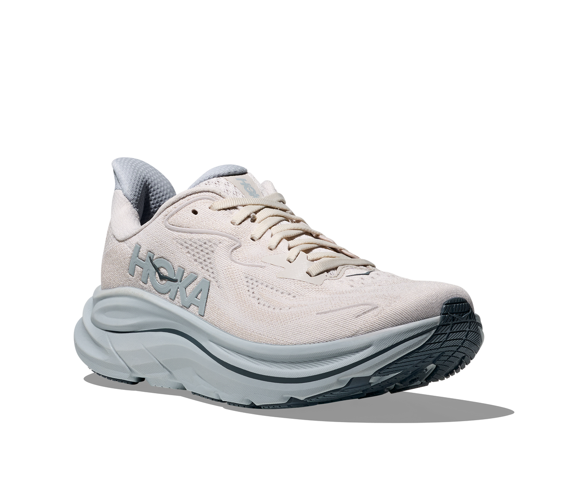 HOKA Clifton 10 women's running shoe in Grout Mineral Blue colorway, three-quarter front view