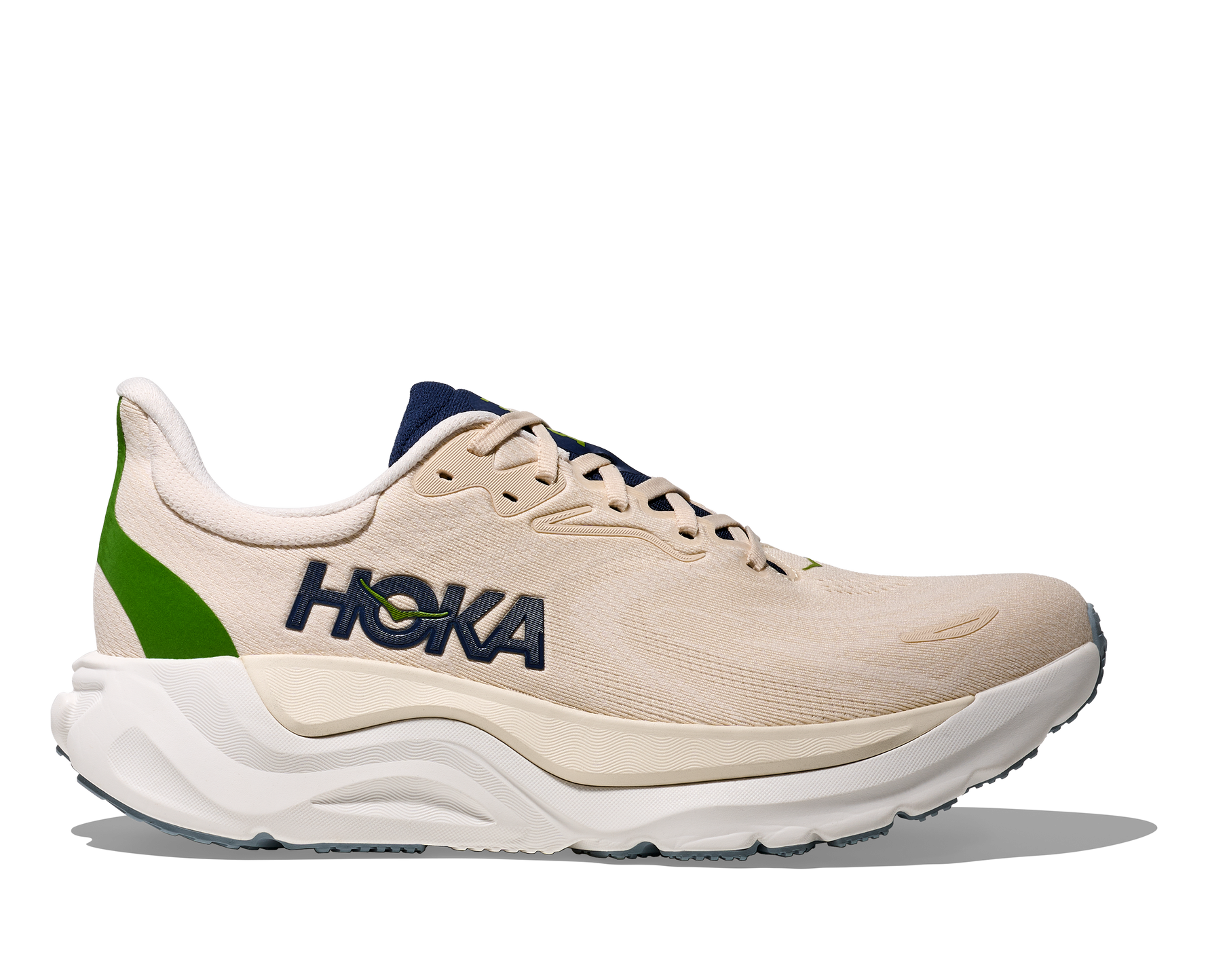 Hoka Arahi 8 men's running shoe in alabaster birch colorway with green accents