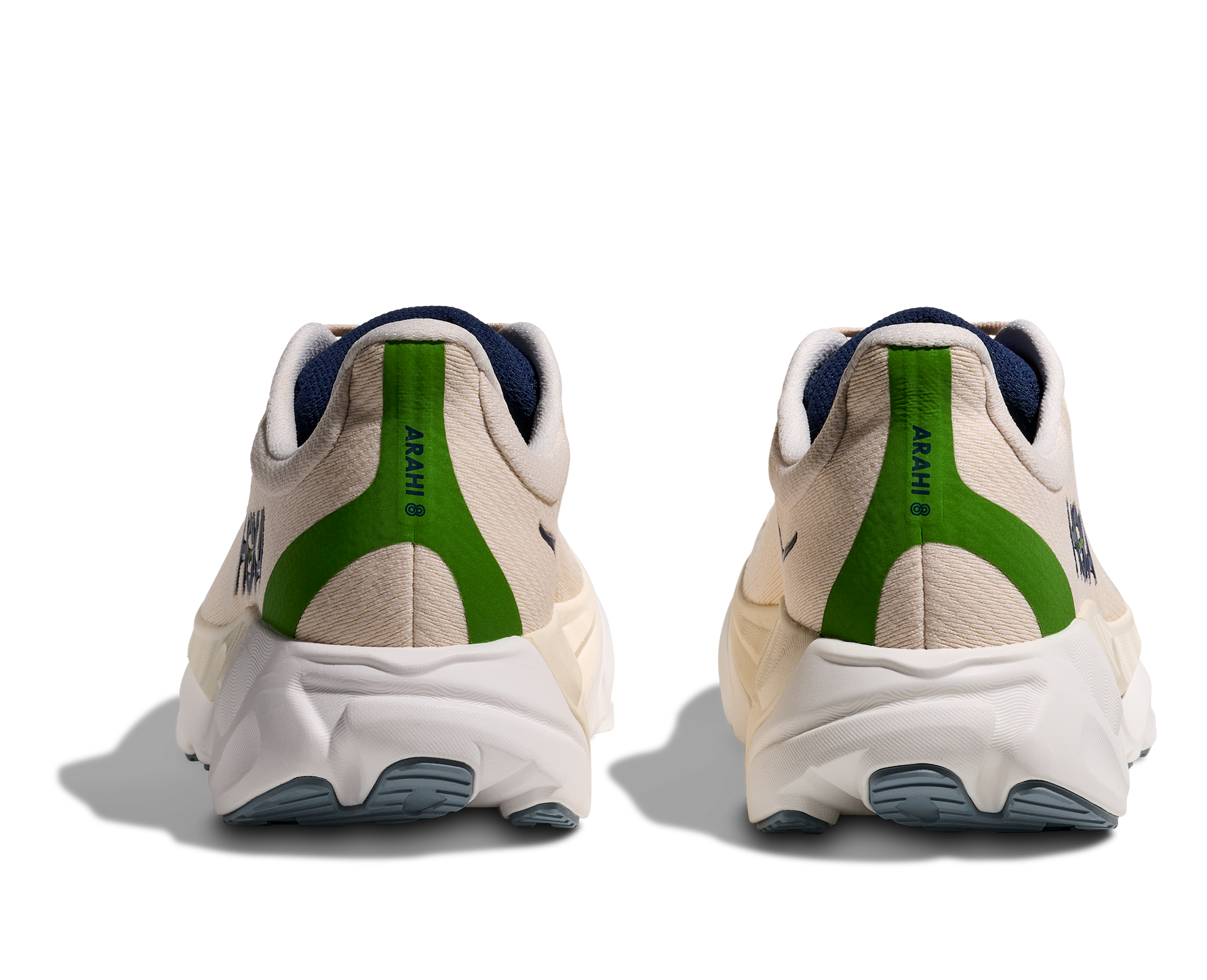 Rear view of Hoka Arahi 8 men's running shoes in alabaster birch colorway