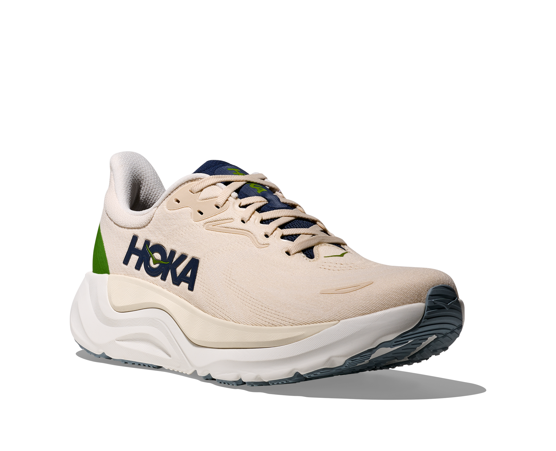 HOKA Arahi 8 men's running shoe in alabaster/birch colorway on white background