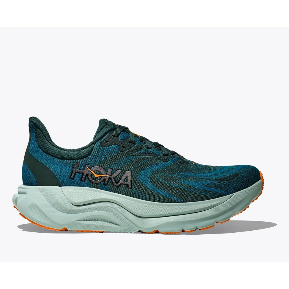 HOKA Arahi 8 men's running shoe in mineral blue colorway with mint midsole