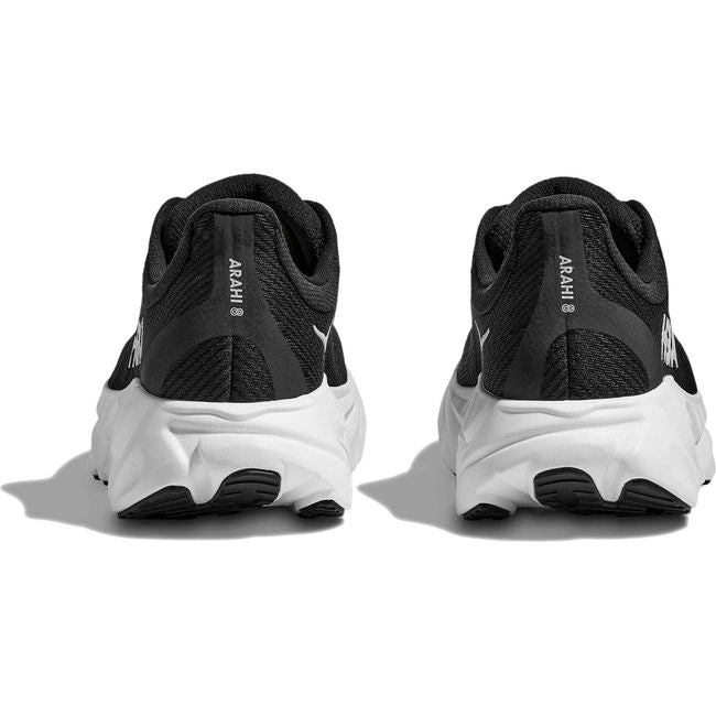 Hoka Arahi 8 men's running shoes in black and white colorway, rear view