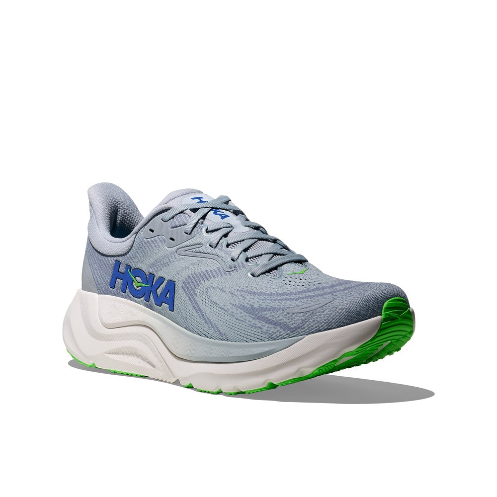Hoka Arahi 8 men's running shoe in mineral blue with green outsole