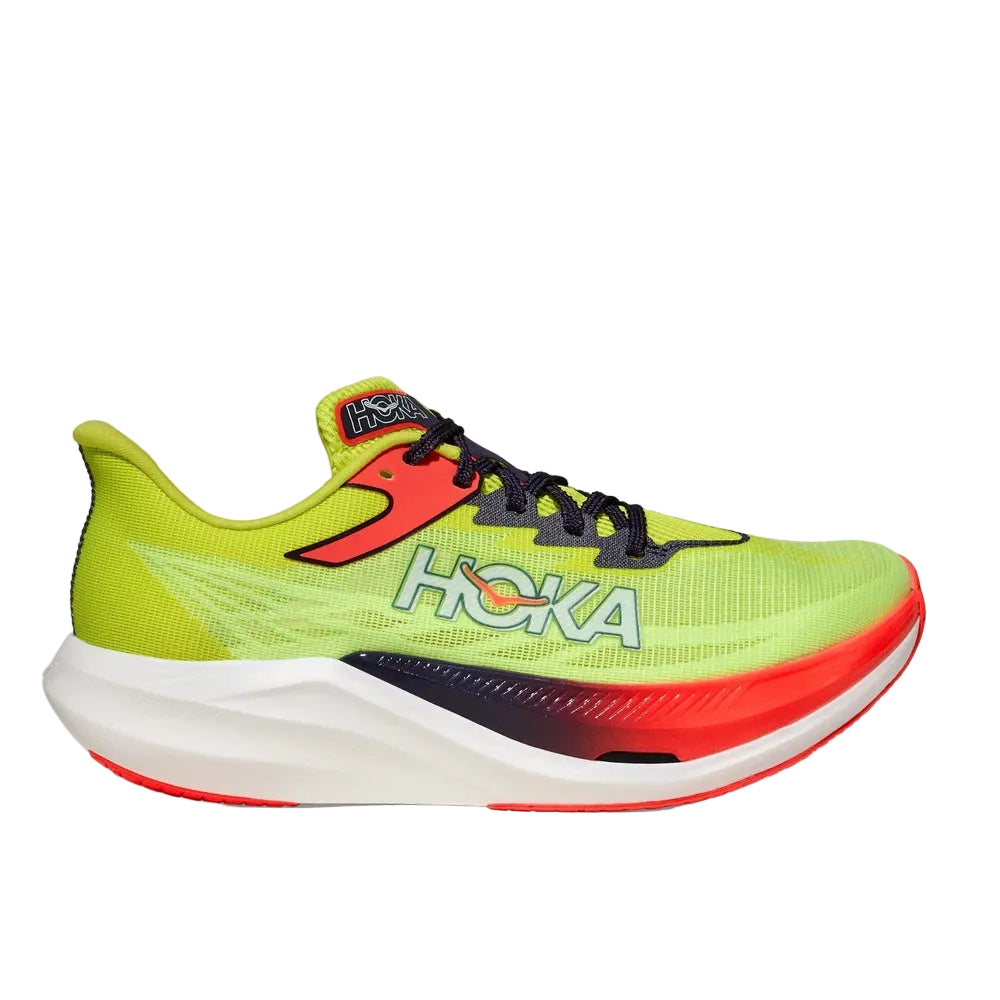 Hoka Rocket X 3 running shoe in bright lime green with coral orange accents
