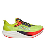 Hoka Rocket X 3 running shoe in bright lime green with coral orange accents