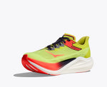 Hoka Rocket X 3 running shoe in bright lime green with orange accents