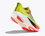 Hoka Rocket X 3 running shoe in bright lime green with coral accents on white background