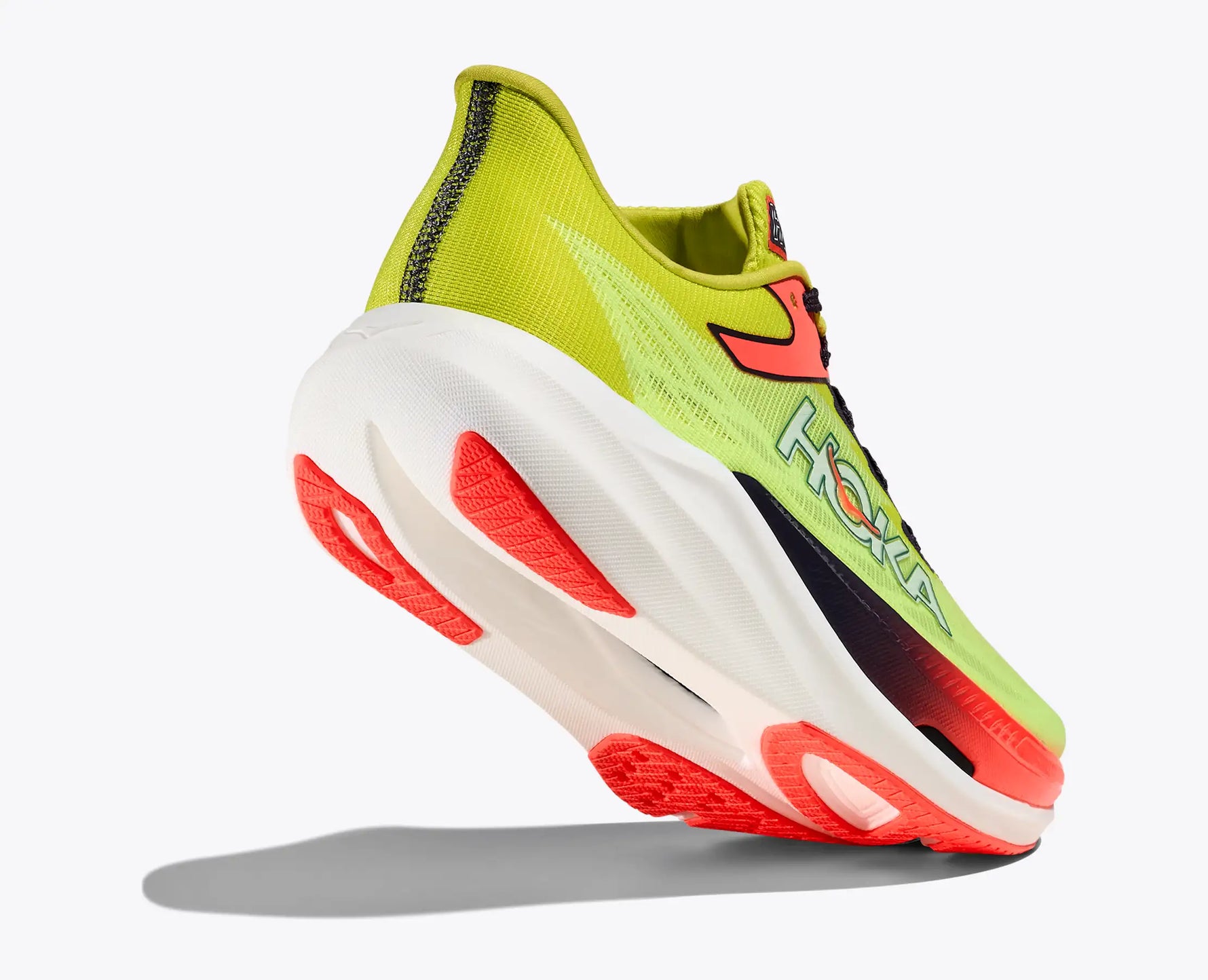 Hoka Rocket X 3 running shoe in bright lime green with coral accents on white background