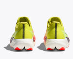 Hoka Rocket X 3 running shoes in bright citrus yellow with coral accents, rear view