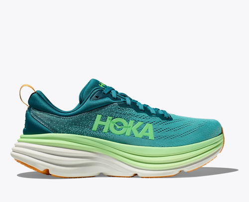 Hoka Bondi 8 men's running shoe in teal and lime green colorway