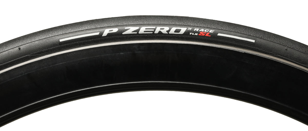 Pirelli P Zero Race TLR SL road bicycle tire in black with white stripe detailing
