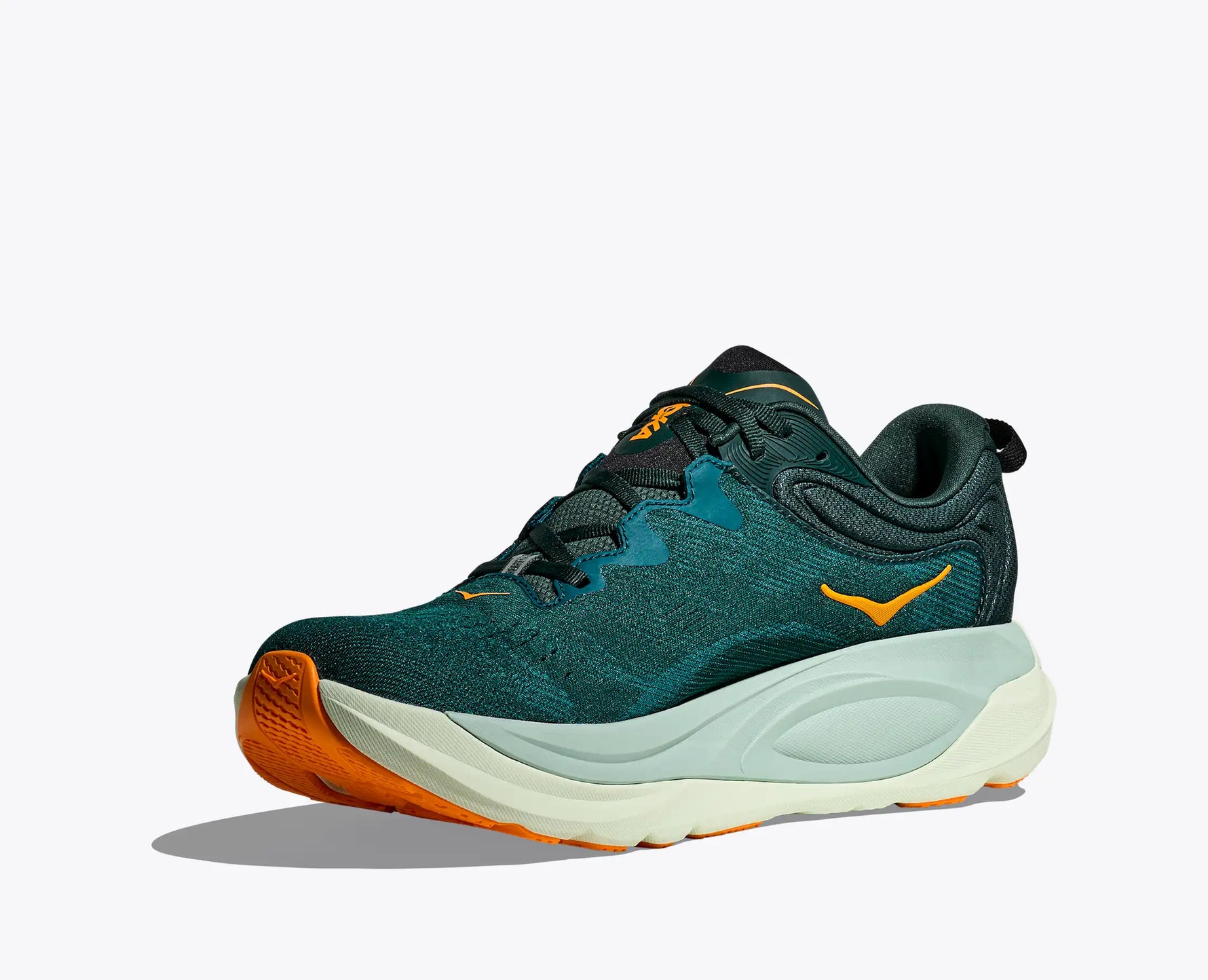 Hoka Gaviota 6 men's running shoe in teal green with orange details