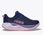 HOKA women's running shoe in navy blue with purple midsole and coral outsole