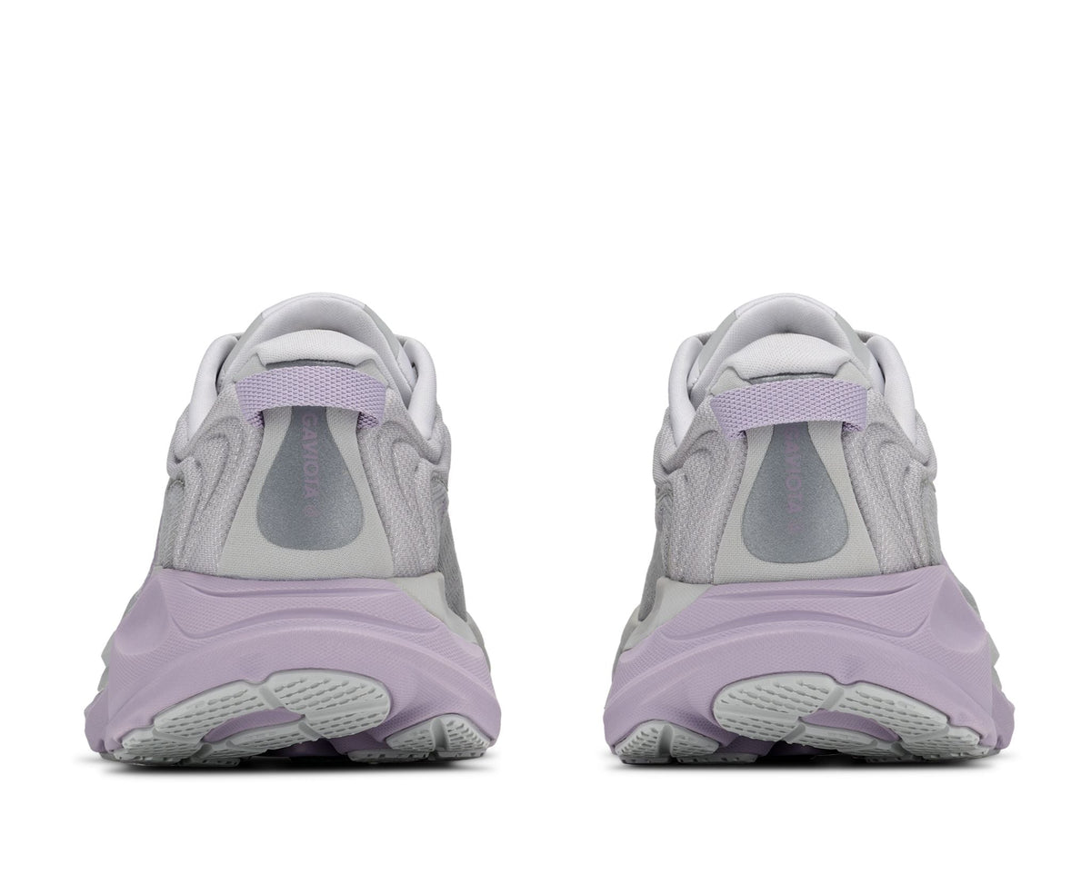 Hoka Gaviota 6 women's shoes rear view showing gray upper and lavender midsole pair