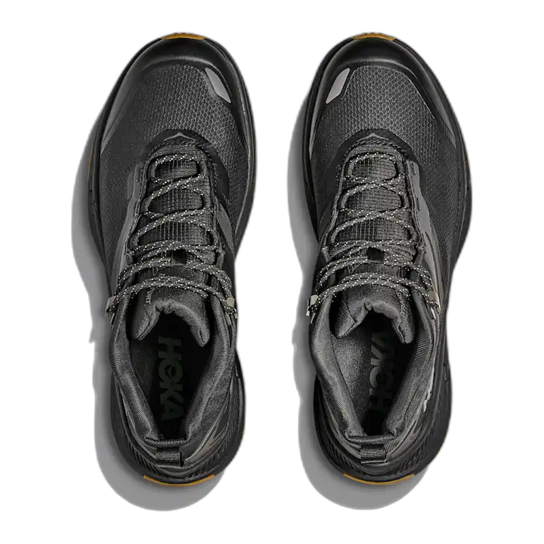 HOKA Transport Hike GTX mid hiking shoes in black, top-down view showing laces
