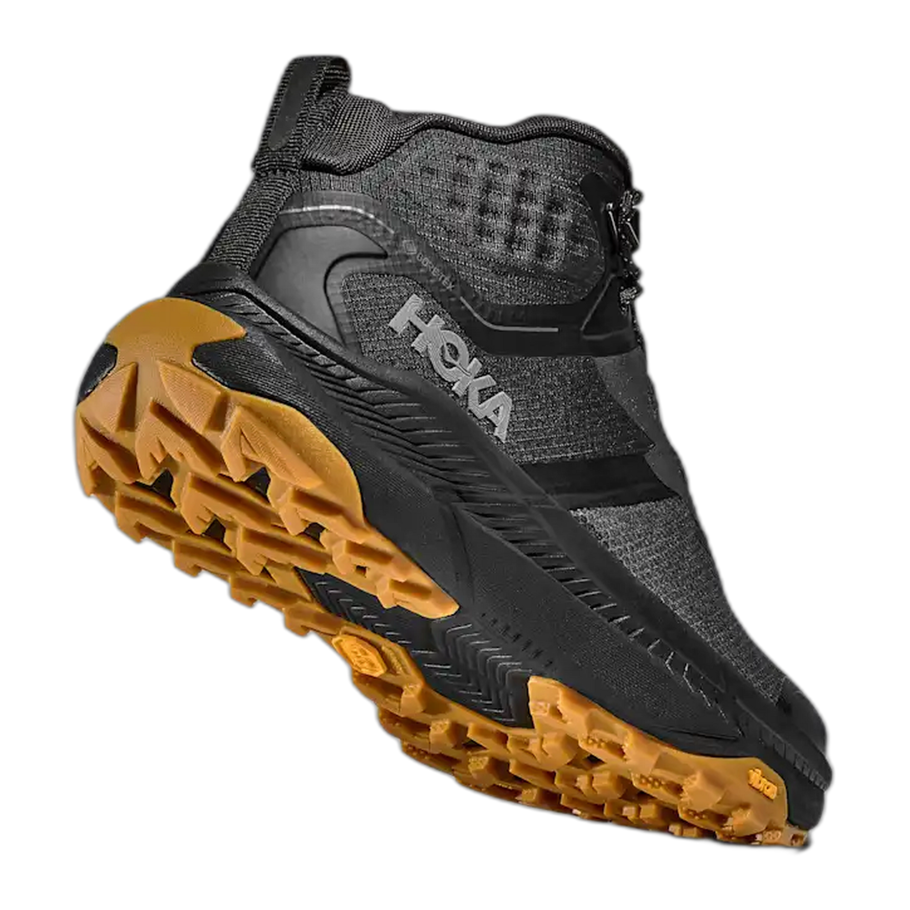 HOKA Transport Hike GTX mid-cut hiking shoe in black with gum sole