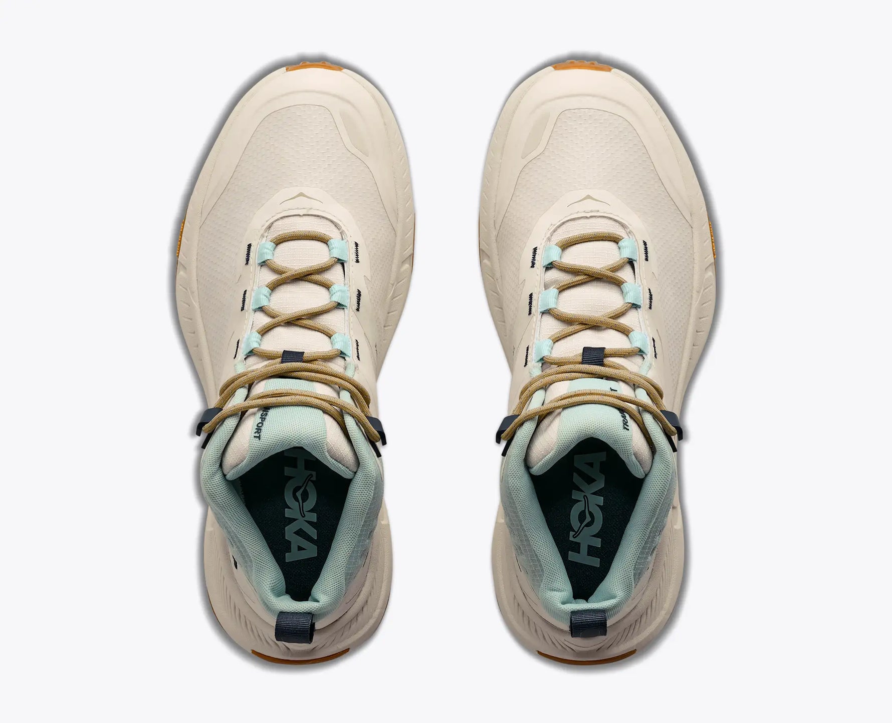 HOKA Transport Hike GTX mid-top hiking shoes in Alabaster and Glimmering Blue, top view
