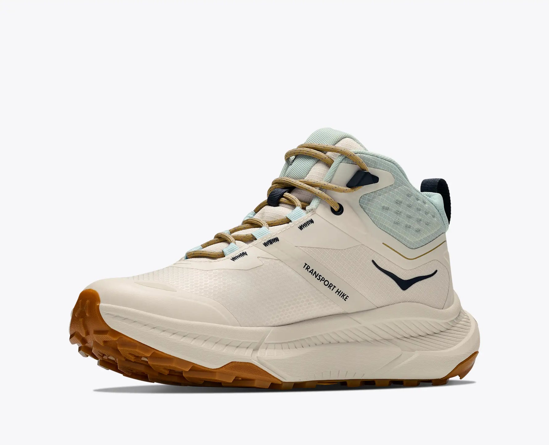 HOKA Transport Hike GTX mid-cut hiking boot in Alabaster and Glimmering Blue colorway
