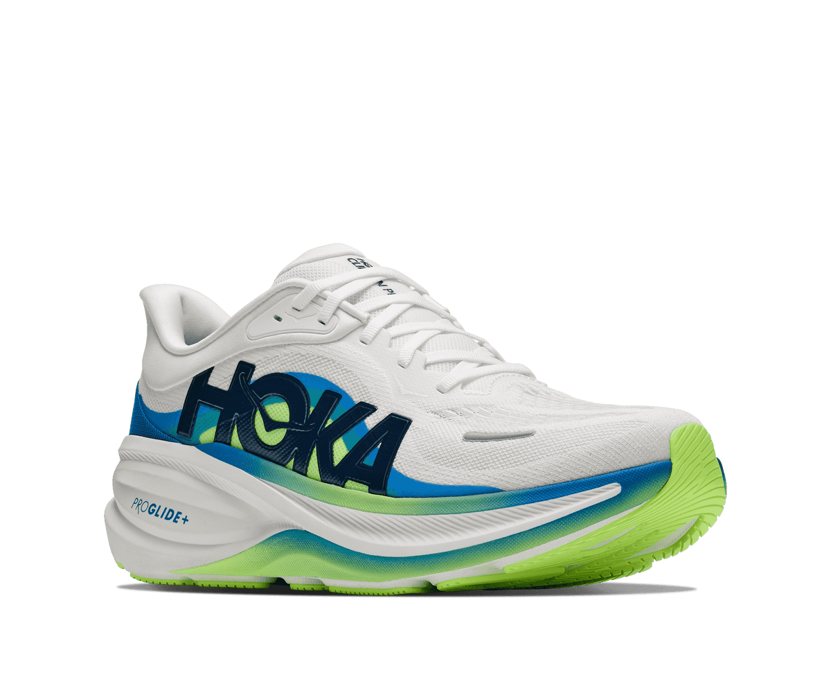 Hoka Clifton Pro running shoe three-quarter front view in Frost and Virtual Blue colorway