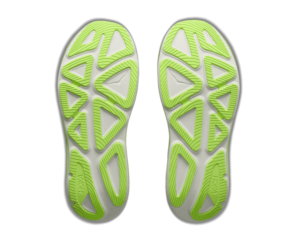 Bottom sole view of Hoka Clifton Pro pair showing neon green rubber outsole pattern