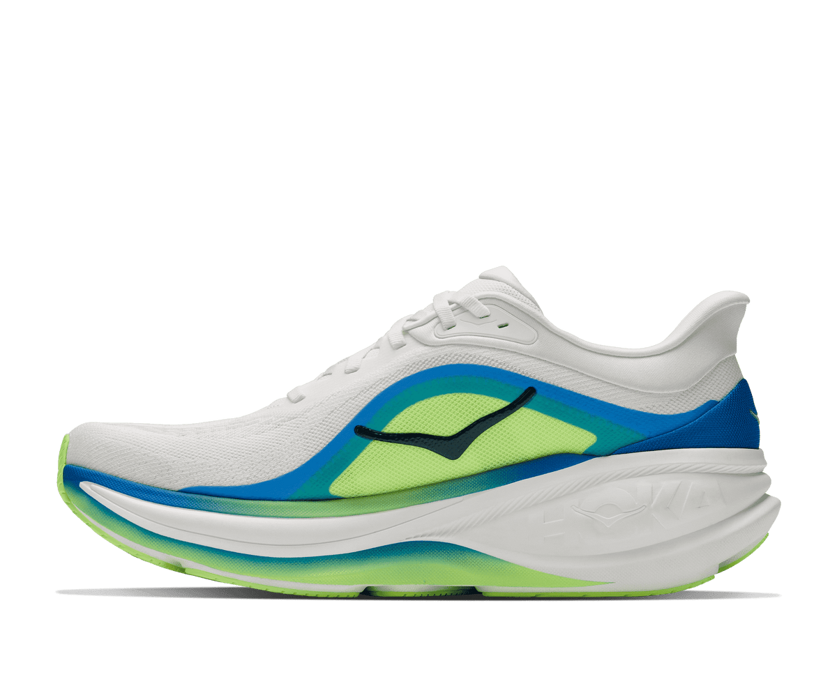 Hoka Clifton Pro shoe medial side profile view in Frost and Virtual Blue colorway