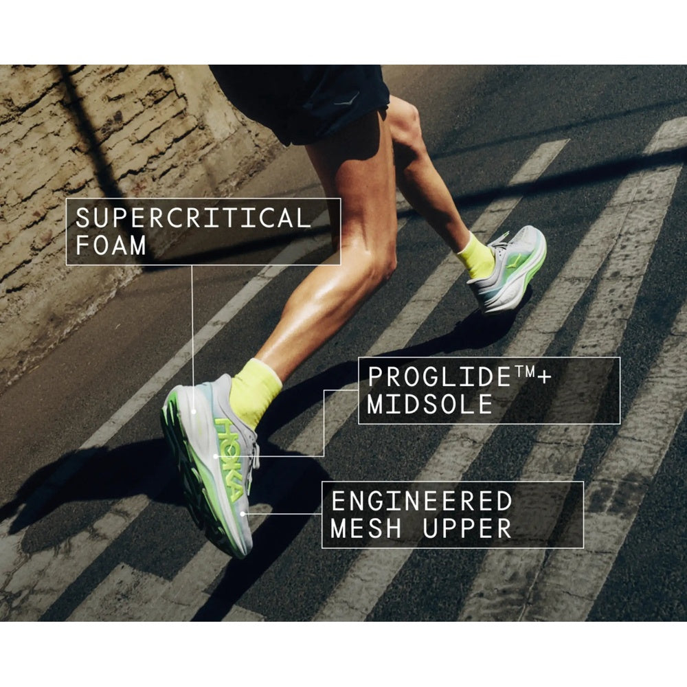 Runner wearing HOKA Clifton Pro shoes in Cosmic Grey Neon Yuzu colorway on street