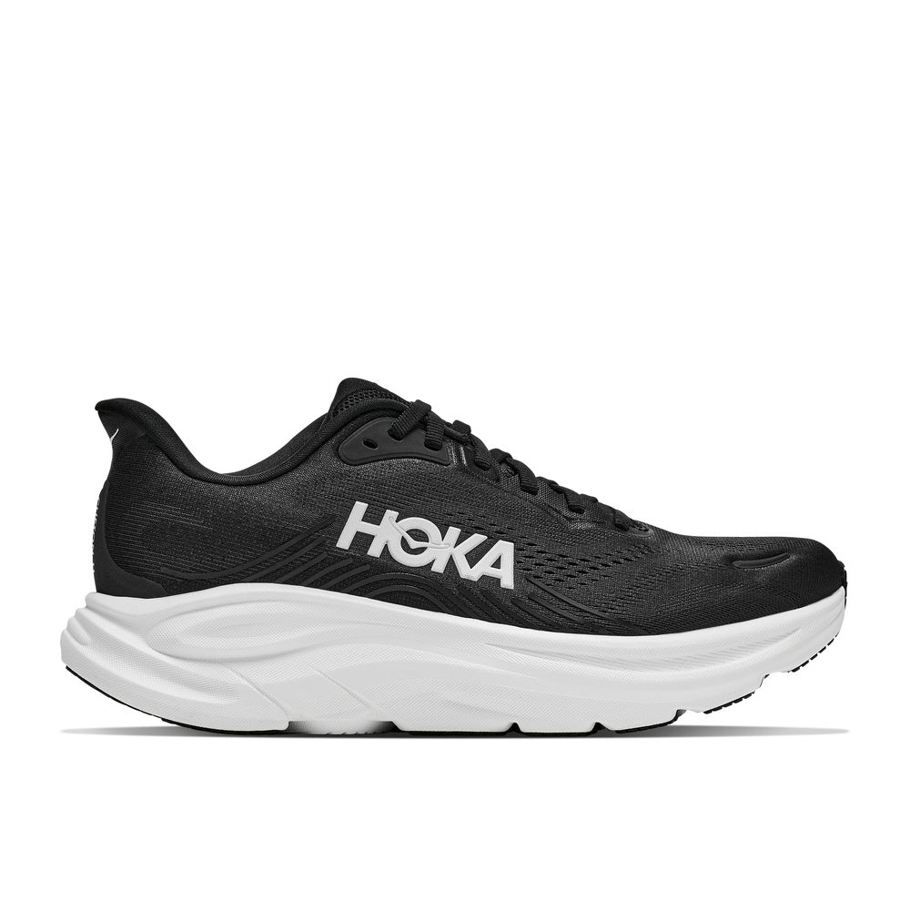 HOKA Clifton 11 running shoe in black and white, lateral side view