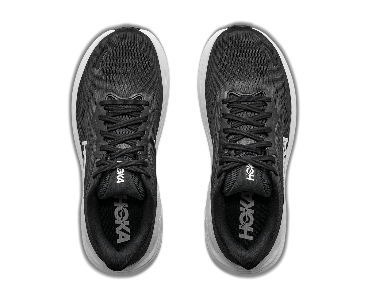 HOKA Clifton 11 running shoes pair shown from top-down view, black colorway
