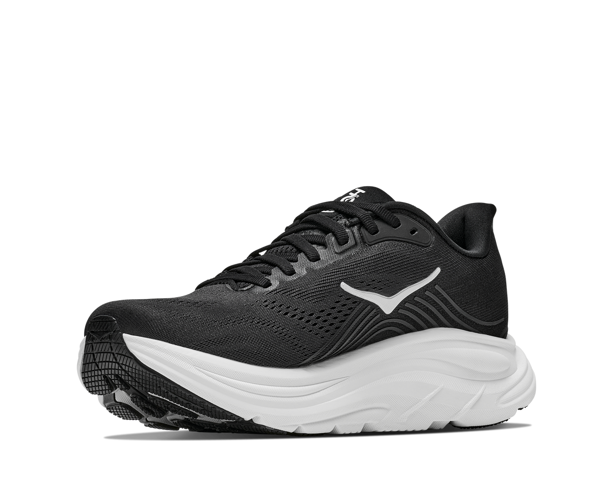 HOKA Clifton 11 running shoe in black and white, three-quarter front view